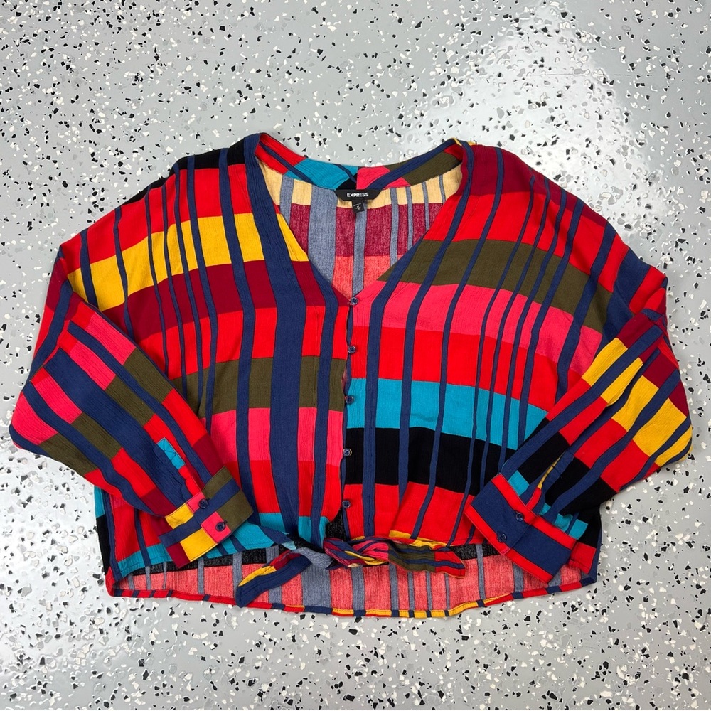 Express Multicolor Striped Women's long Sleeve Button up geometric Medium